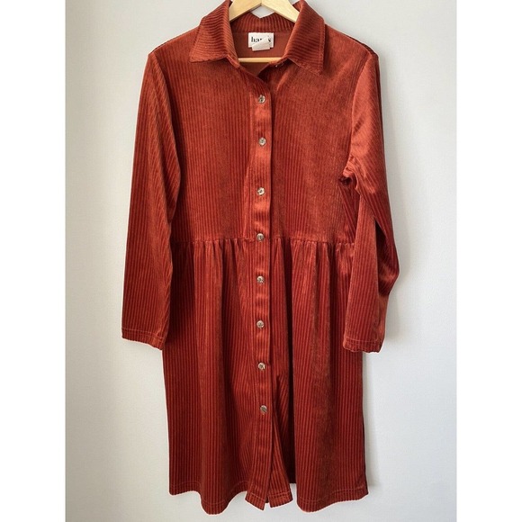 Vtg Hanes Signature Collection Ribbed Velvet Midi Dress L Button Front 80's Rust - Picture 1 of 9